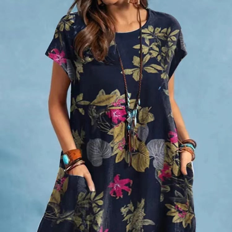 Style Printed Cap Sleeve Round Neck Patch Pocket A-line Dress