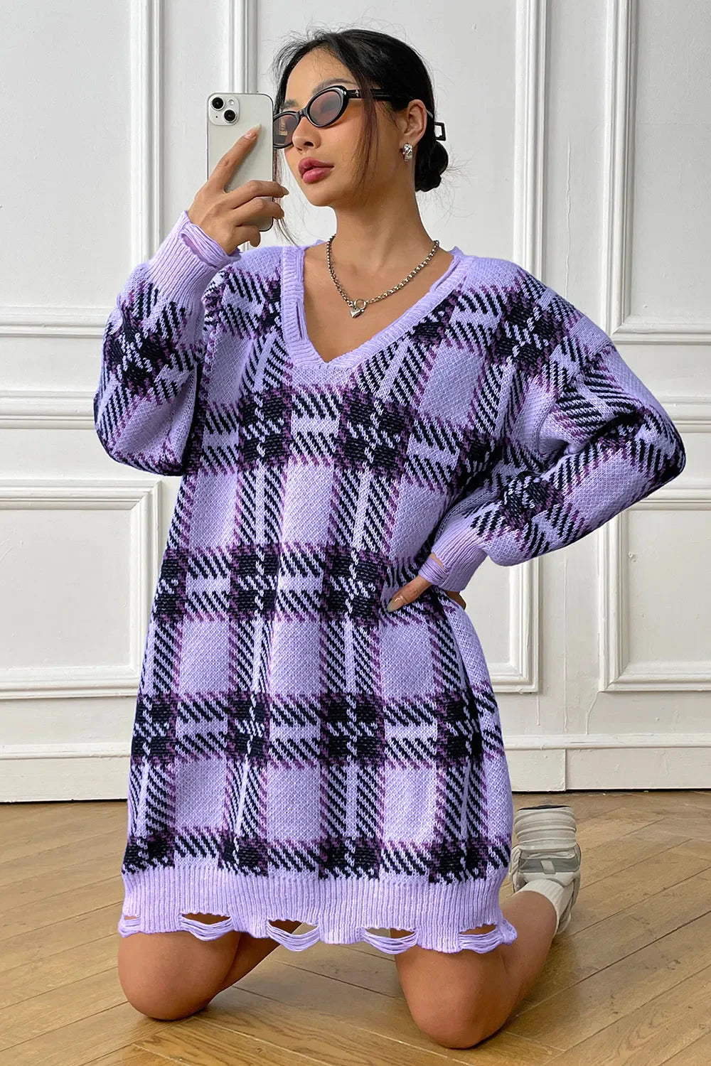 Plaid V-Neck Long Sleeve Sweater Dress - tif-shop24.de