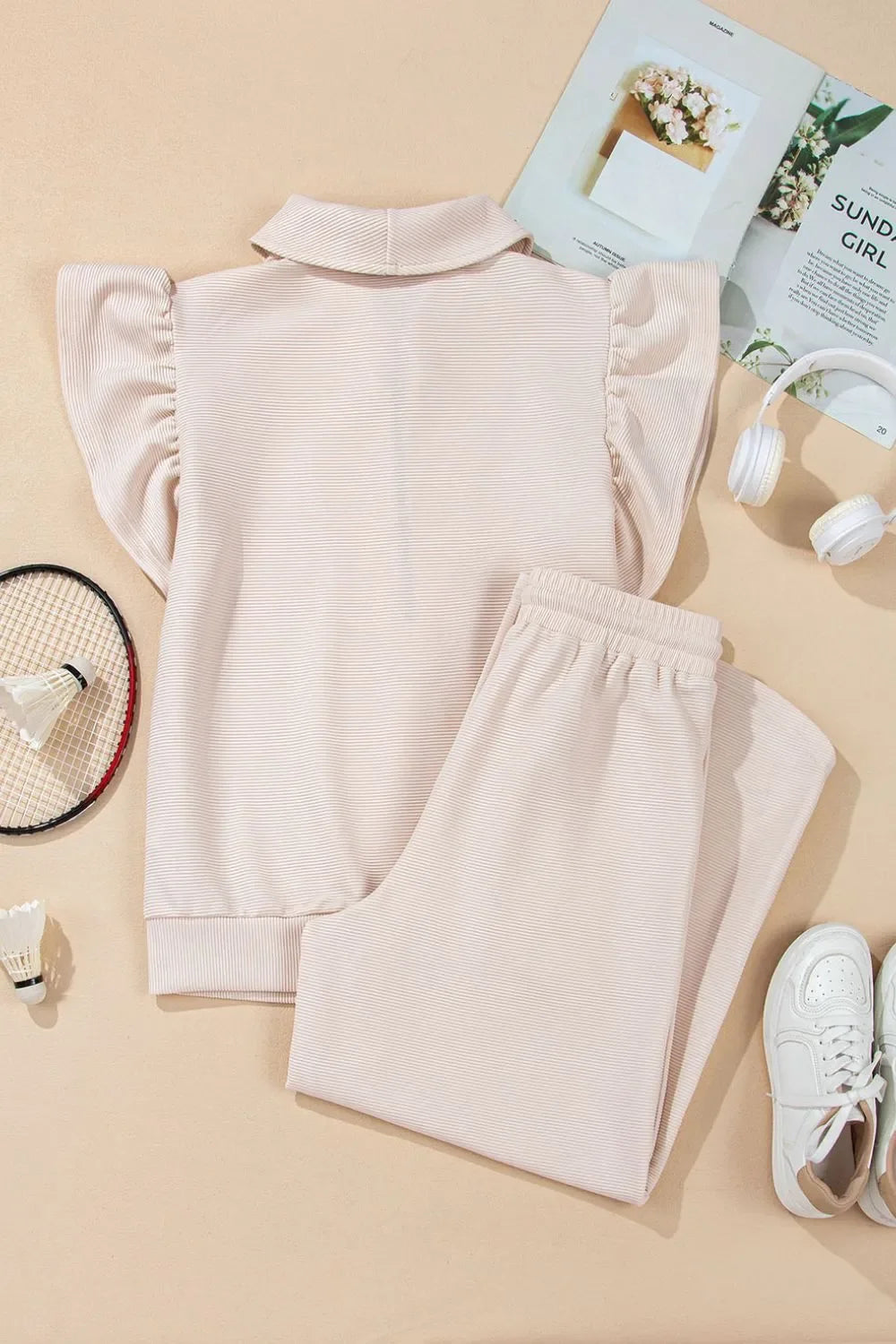 Textured Ruffled Sleeve Zipped Top and Wide Leg Pants Set - tif-shop24.de