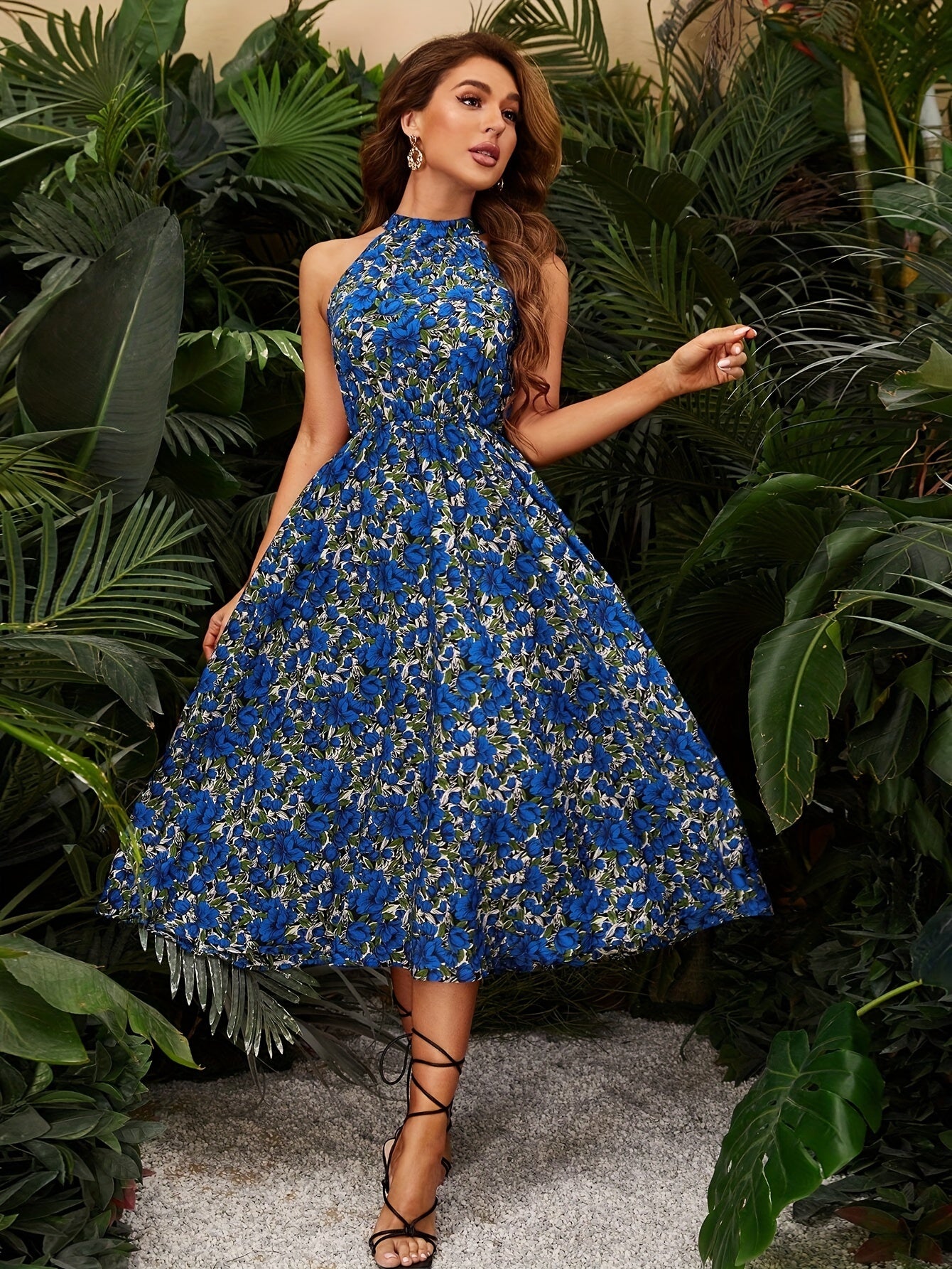 Floral Print A-Line Elegantes Ärmelloses Kleid