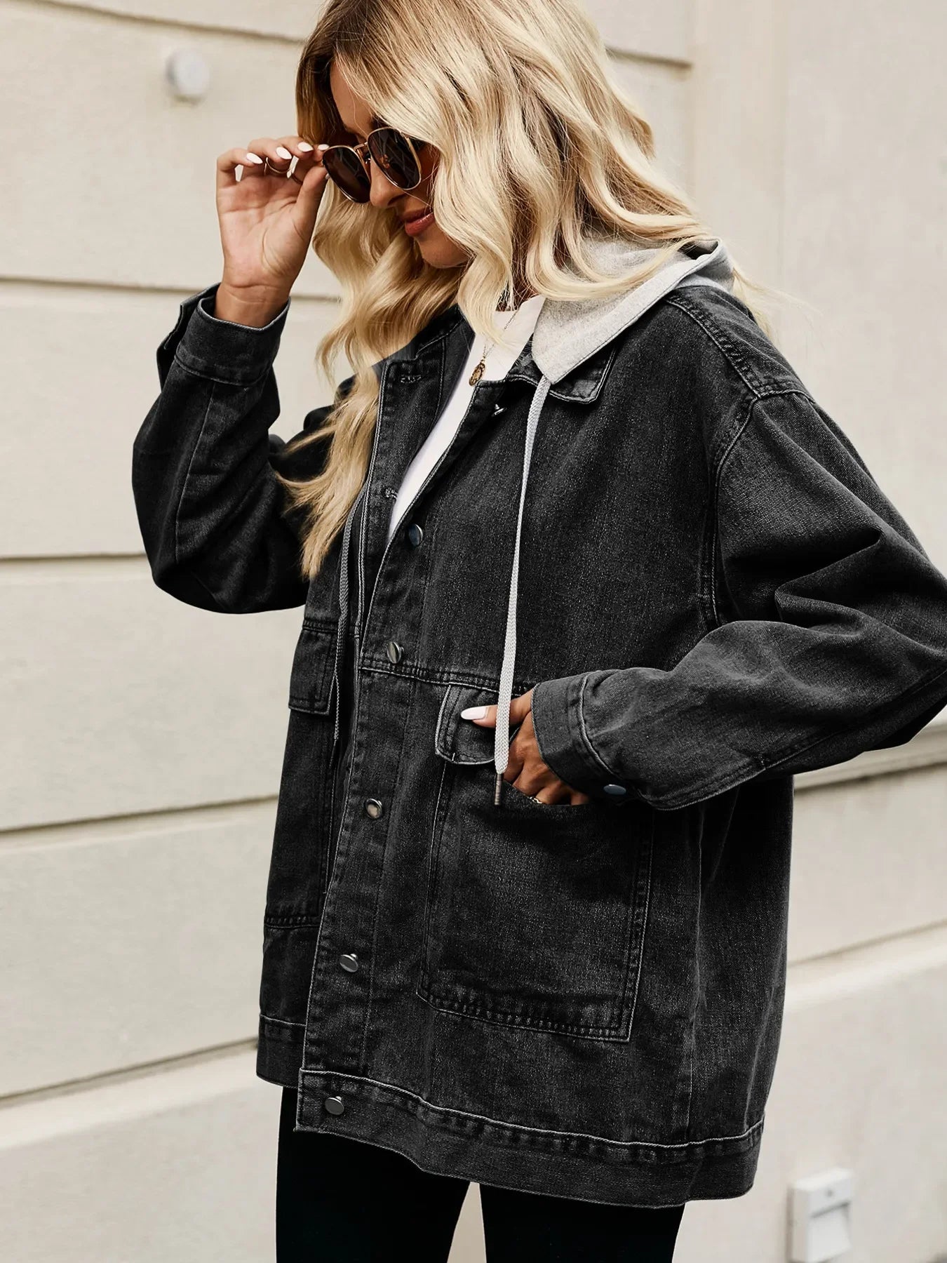 Oversized Button Up Denim Jacket with Hood - tif-shop24.de