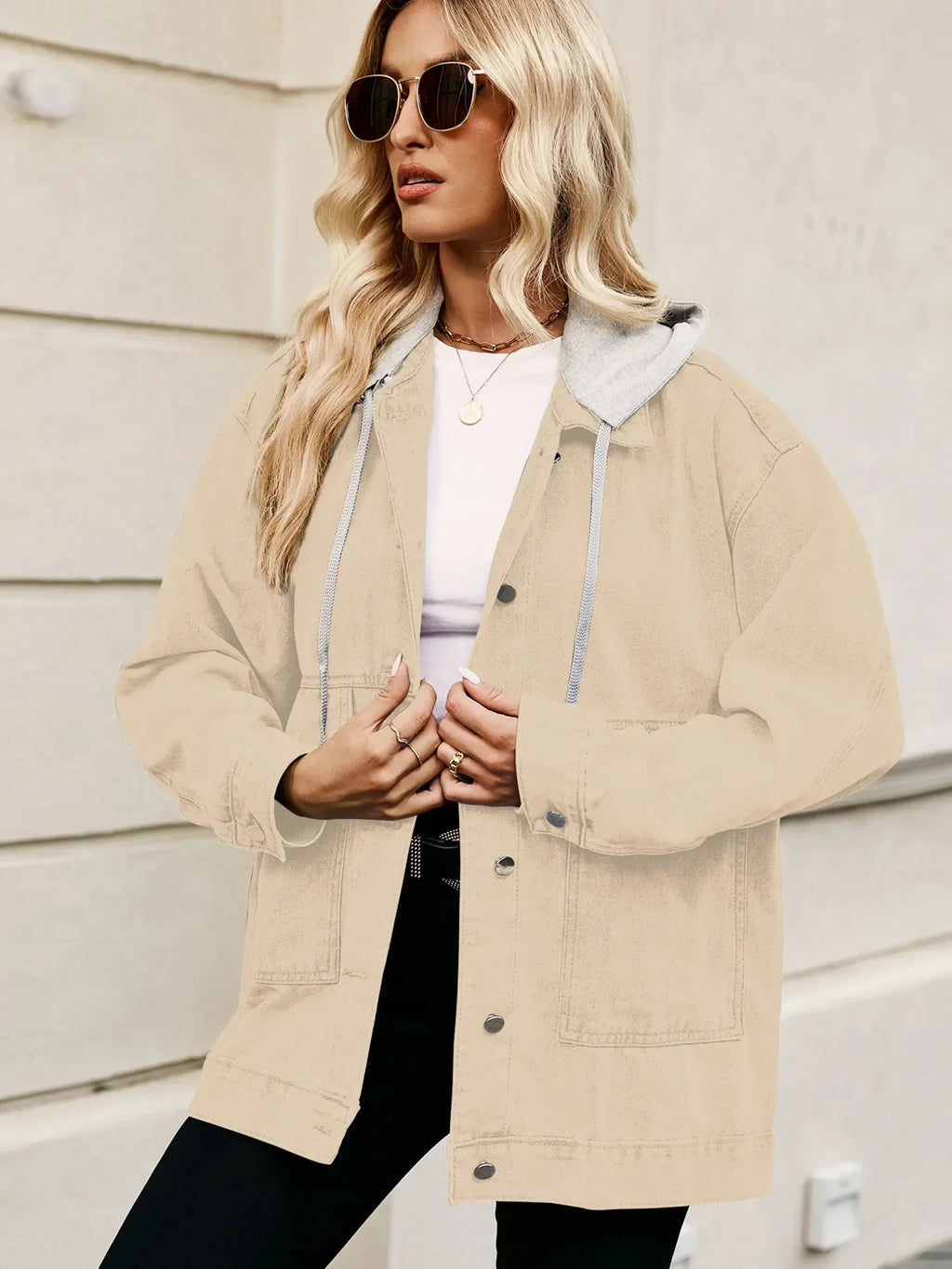 Oversized Button Up Denim Jacket with Hood - tif-shop24.de