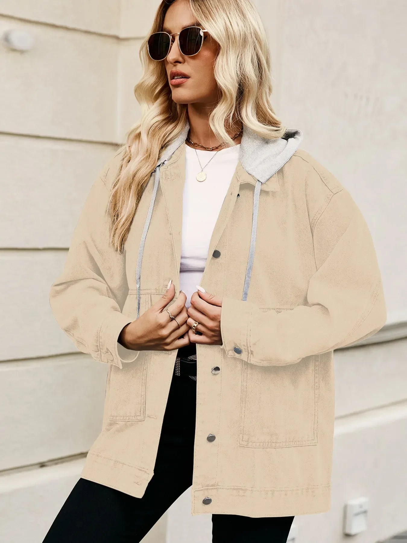 Oversized Button Up Denim Jacket with Hood - tif-shop24.de