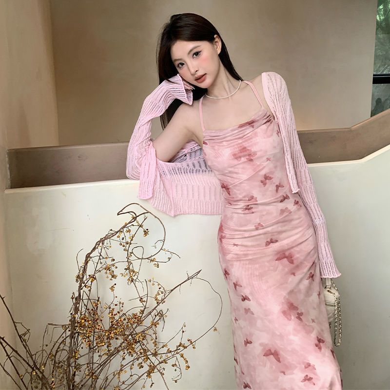 Pink Fairy-Like Butterfly Mesh Dress with Print, Swing Neckline, Strap, Printed Bow, Sweet and Romantic Mid-Length Dress