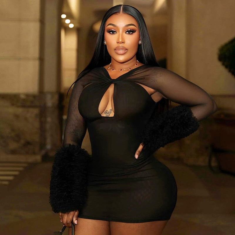 Foreign Trade Women's Mesh Cross Cut-Out Long Sleeve Fleece Cuff Bodycon Mini Dress with Skirt