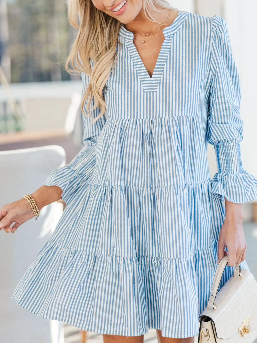 Striped Tiered Flounce Sleeve Shirt Dress - tif-shop24.de