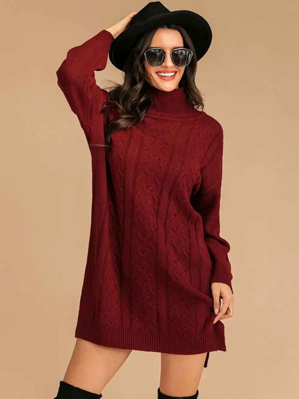 Perfee Slit Turtleneck Long Sleeve Mini Sweater Dress - tif-shop24.de