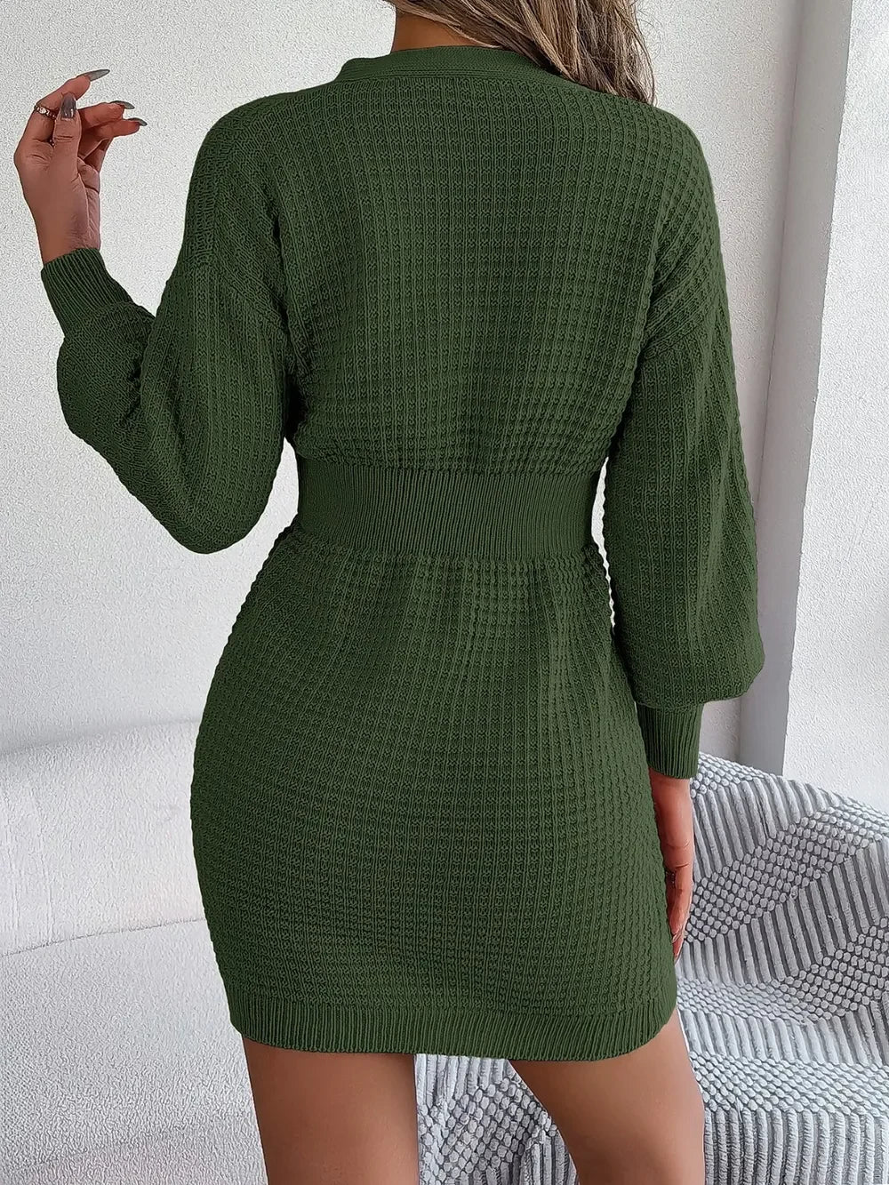 Buttoned Cable-Knit V-Neck Sweater Dress - tif-shop24.de