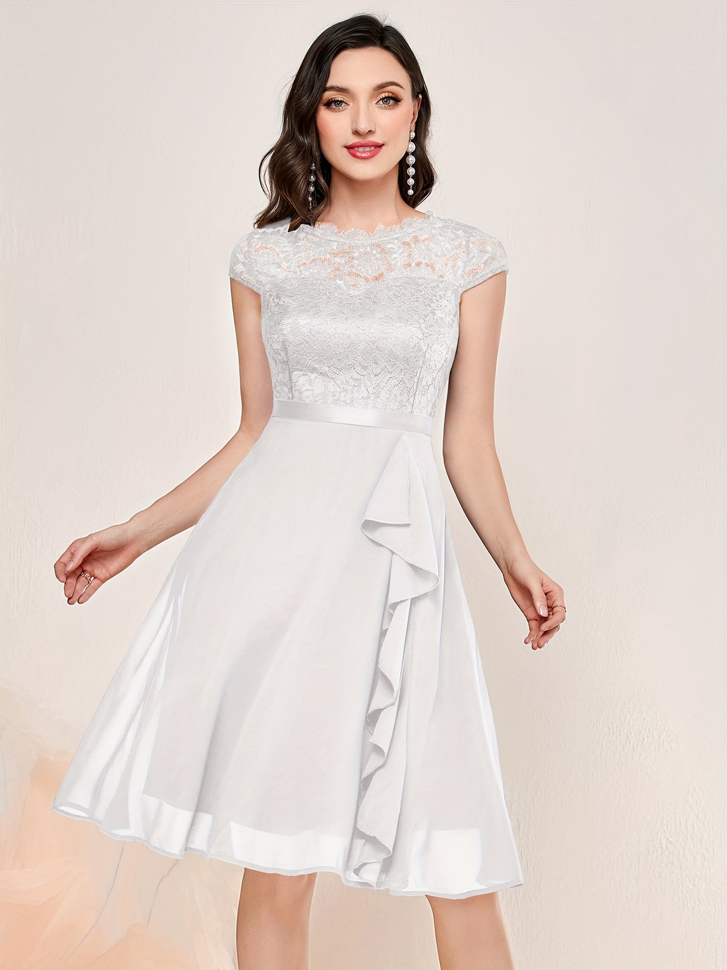 Kontrast Spitze Rüschenbesatz Elegantes Einfarbiges Rundhals Kurzarm Hochzeitskleid