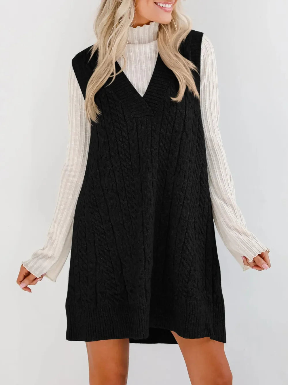 Lovelet Cable Knit V-Neck Mini Sweater Overall Dress - tif-shop24.de