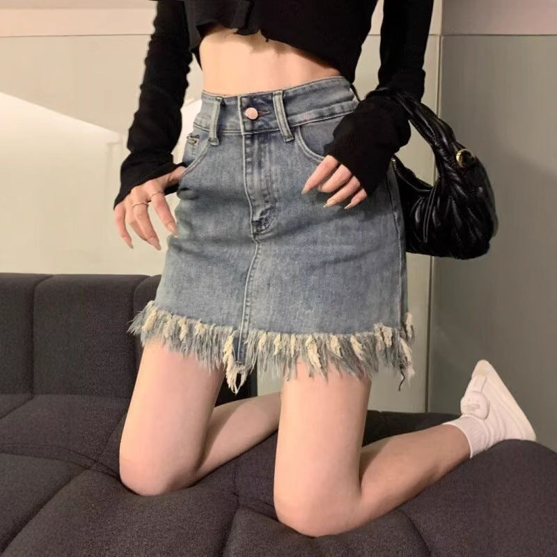 Tassel Denim Mini Skirt Women Summer High Waist Slimming A-Line Short Height Sweet Spicy Vintage Style Skirt