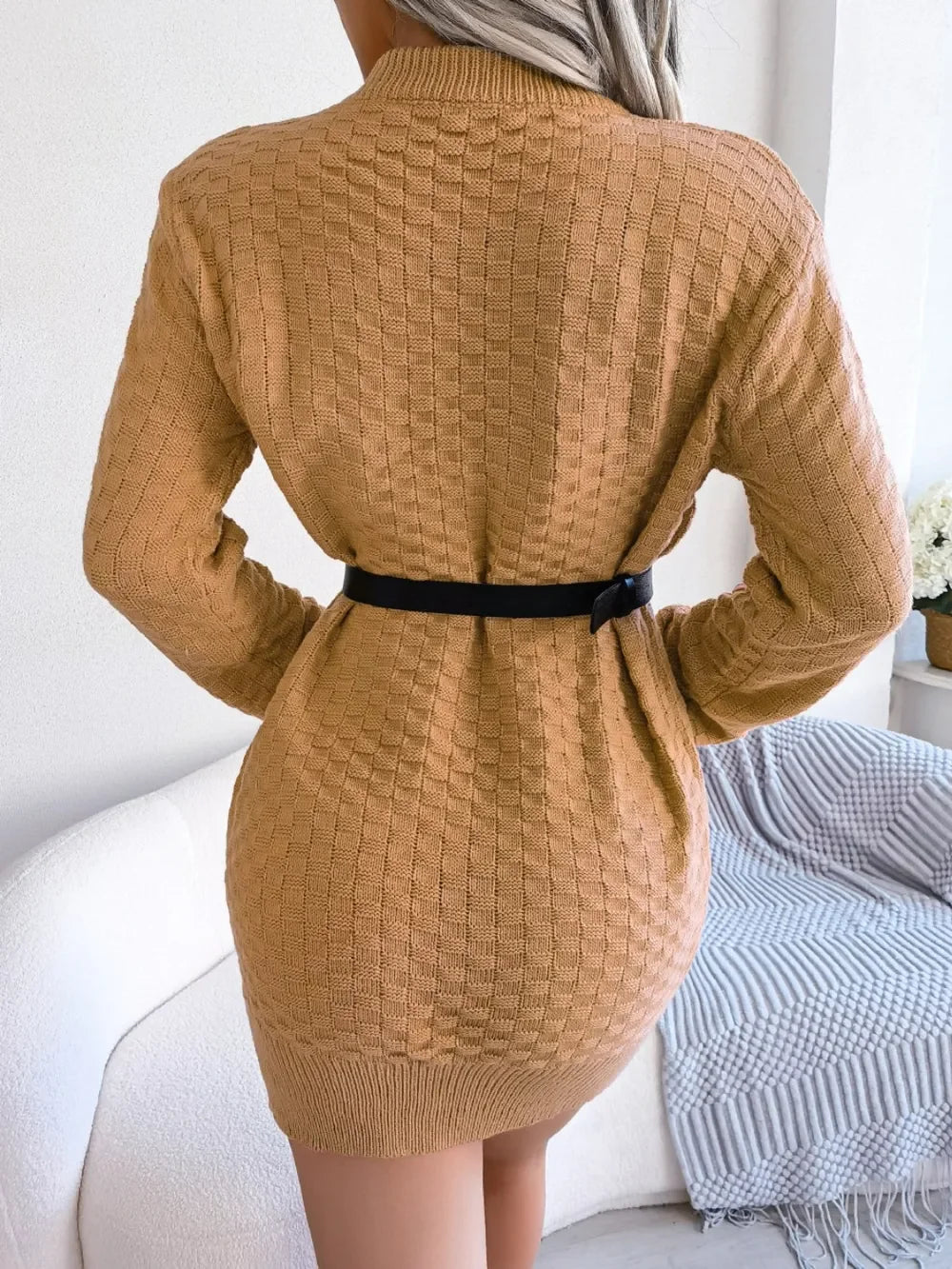 Round Neck Long Sleeve Mini Sweater Dress - tif-shop24.de