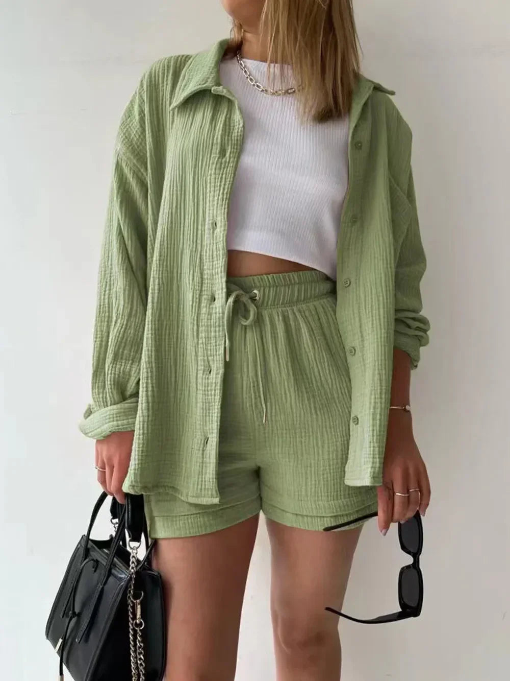 Texture Button Up Shirt and Drawstring Shorts Set - tif-shop24.de