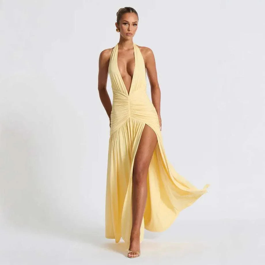 Slimming V-neck Hot Girl Solid Color Hanging Neck Split Dress - tif-shop24.de