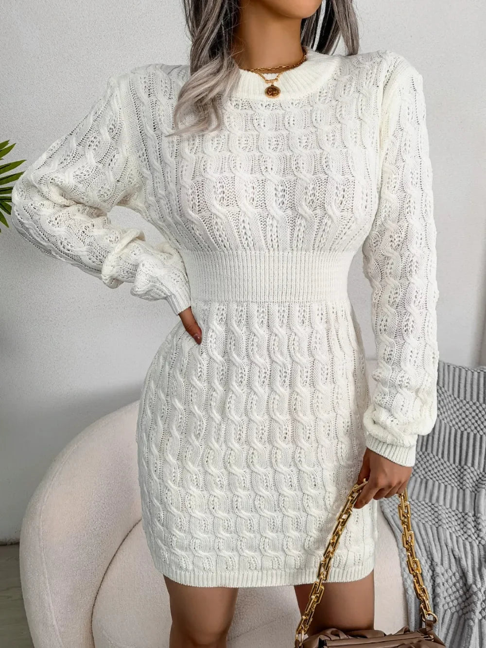 Cable-Knit Round Neck Mini Wrap Sweater Dress - tif-shop24.de