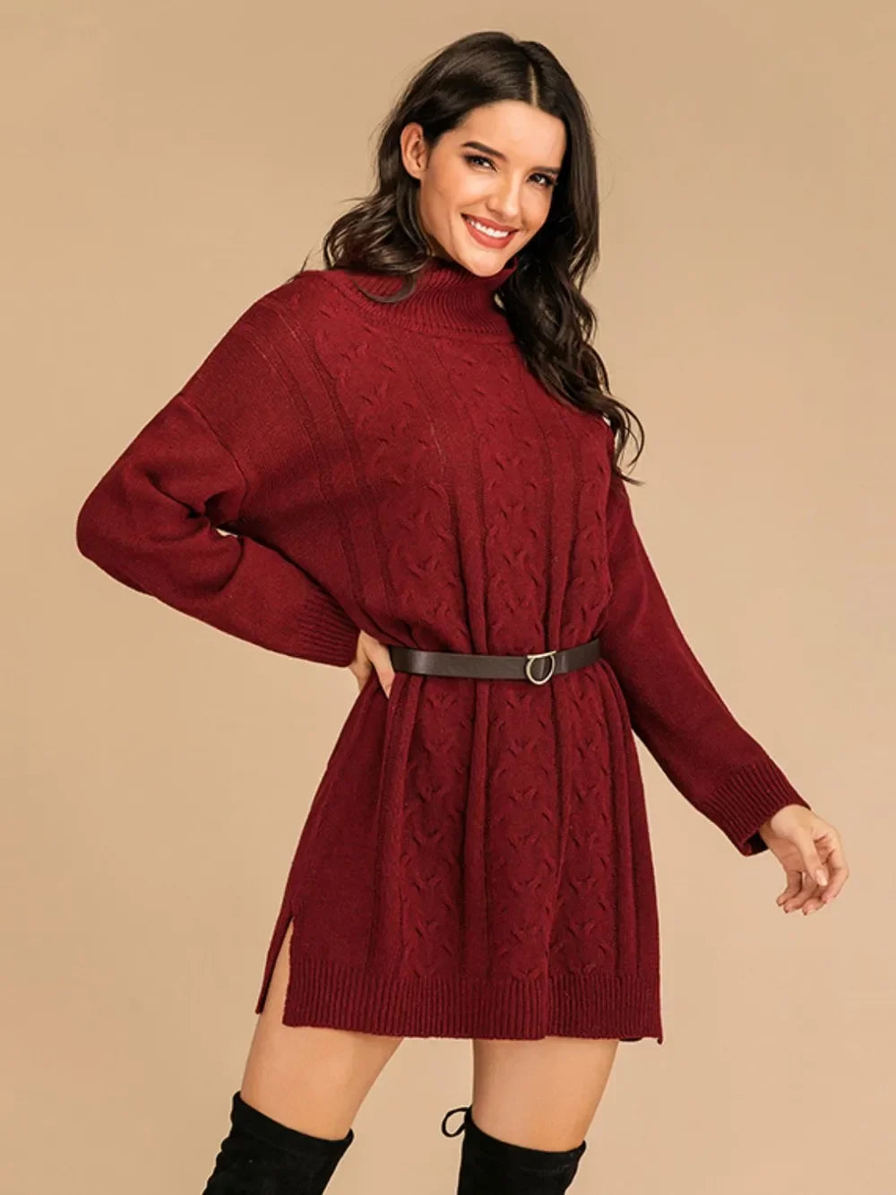 Perfee Slit Turtleneck Long Sleeve Mini Sweater Dress - tif-shop24.de