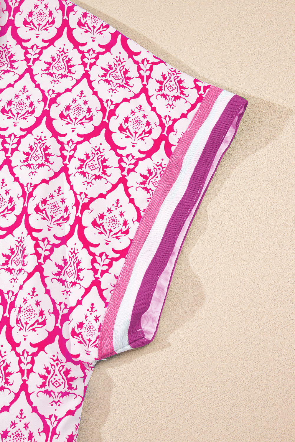 Pink Colorblock Striped Collar Bohemian Print Blouse