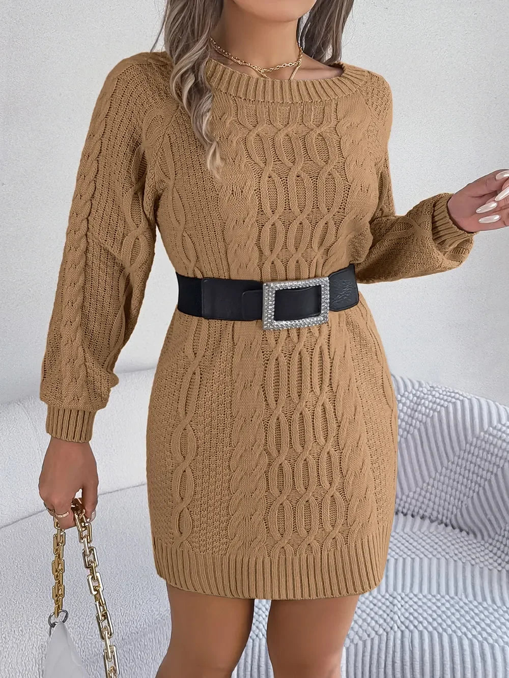 Cable-Knit Round Neck Sweater Dress - tif-shop24.de