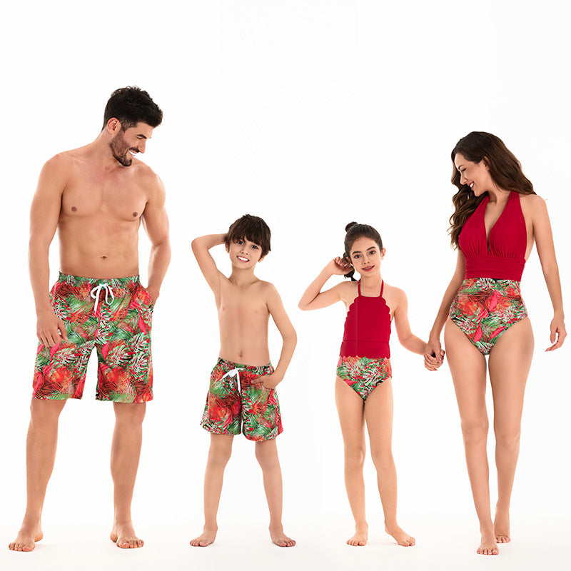 Family Matching Swimwear Set for Parents and Kids, New Style Bikini for Mom and Daughter, Swim Trunks for Dad and Son, Elastic Waist Swimming Suits for Brothers and Sisters