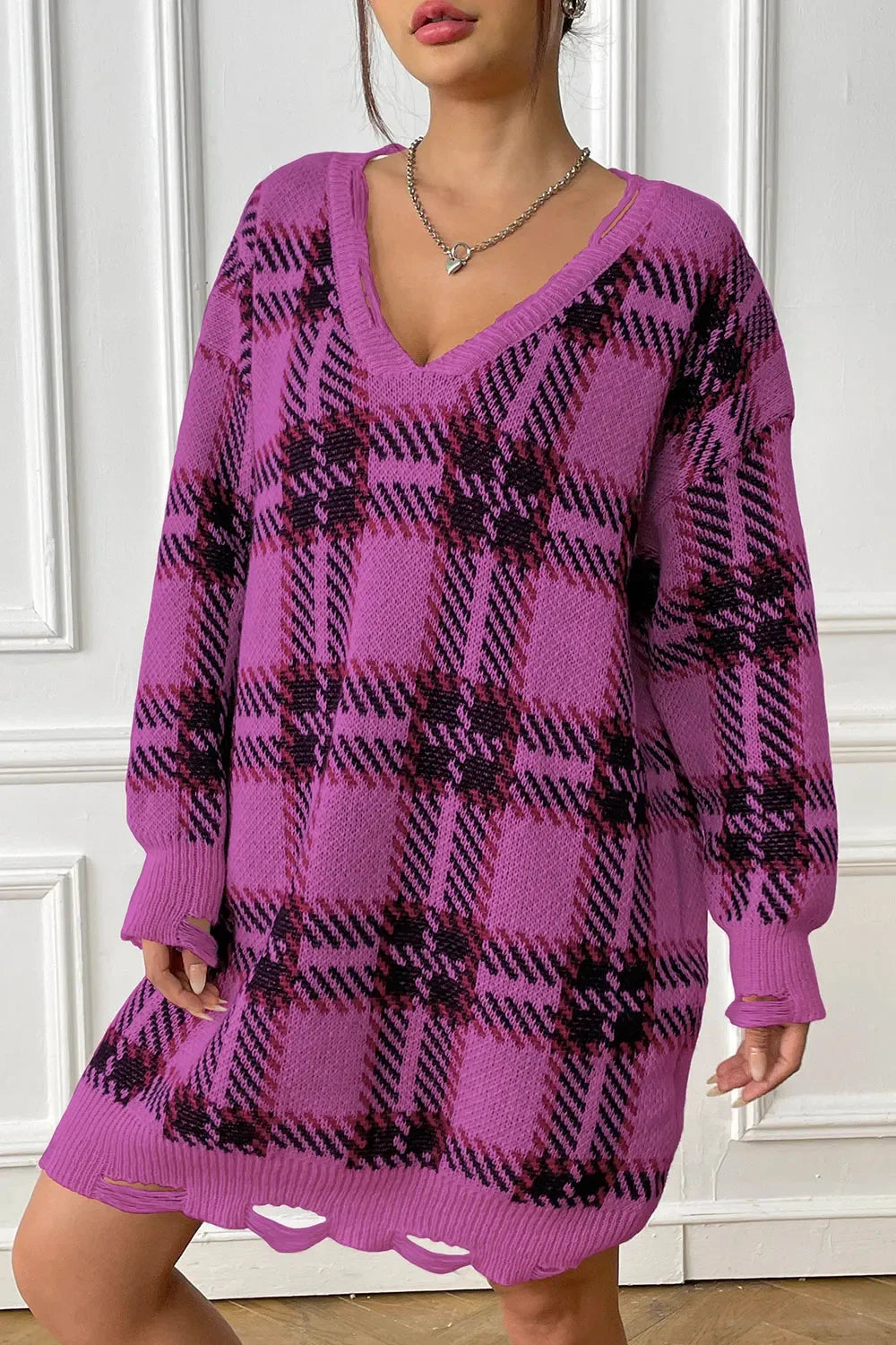 Plaid V-Neck Long Sleeve Sweater Dress - tif-shop24.de