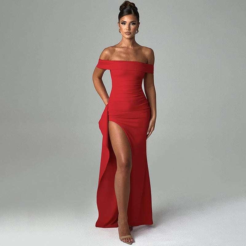 One shoulder slit elegant slim fit dress for women long skirt - tif-shop24.de