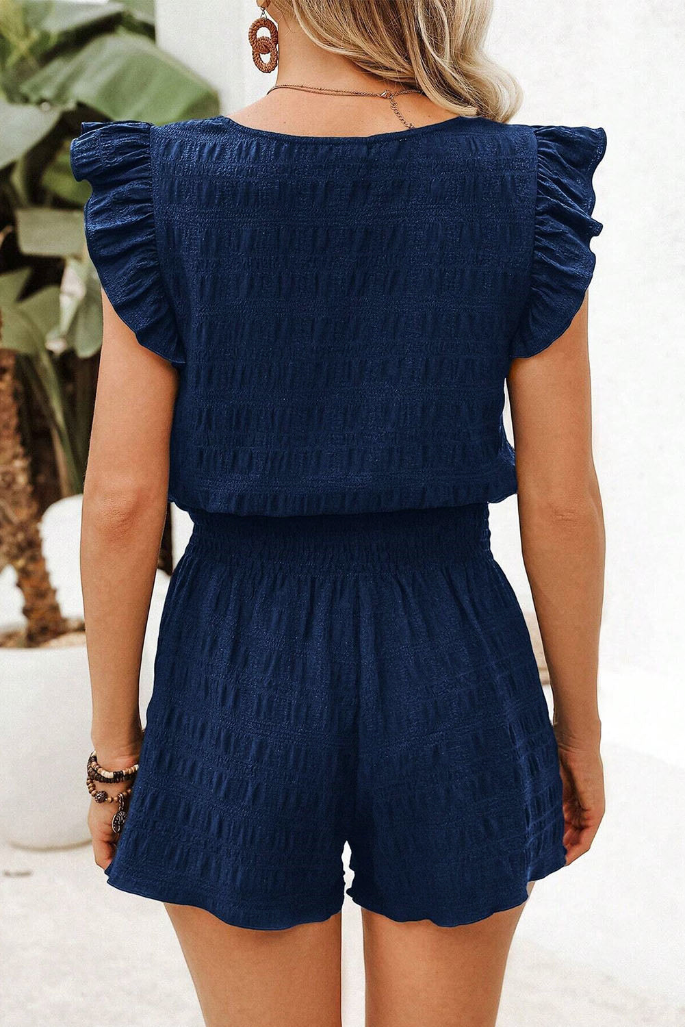 Dirty Blue Textured Ruffle Top and Shirred High Waist Shorts Set
