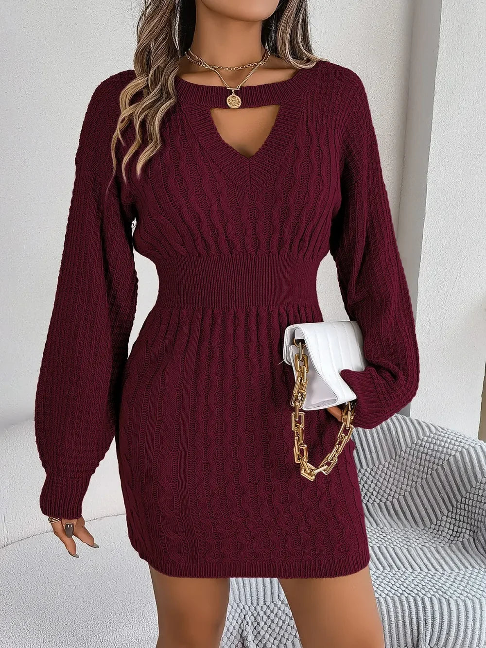 Cable-Knit Cutout Round Neck Slit Sweater Dress - tif-shop24.de