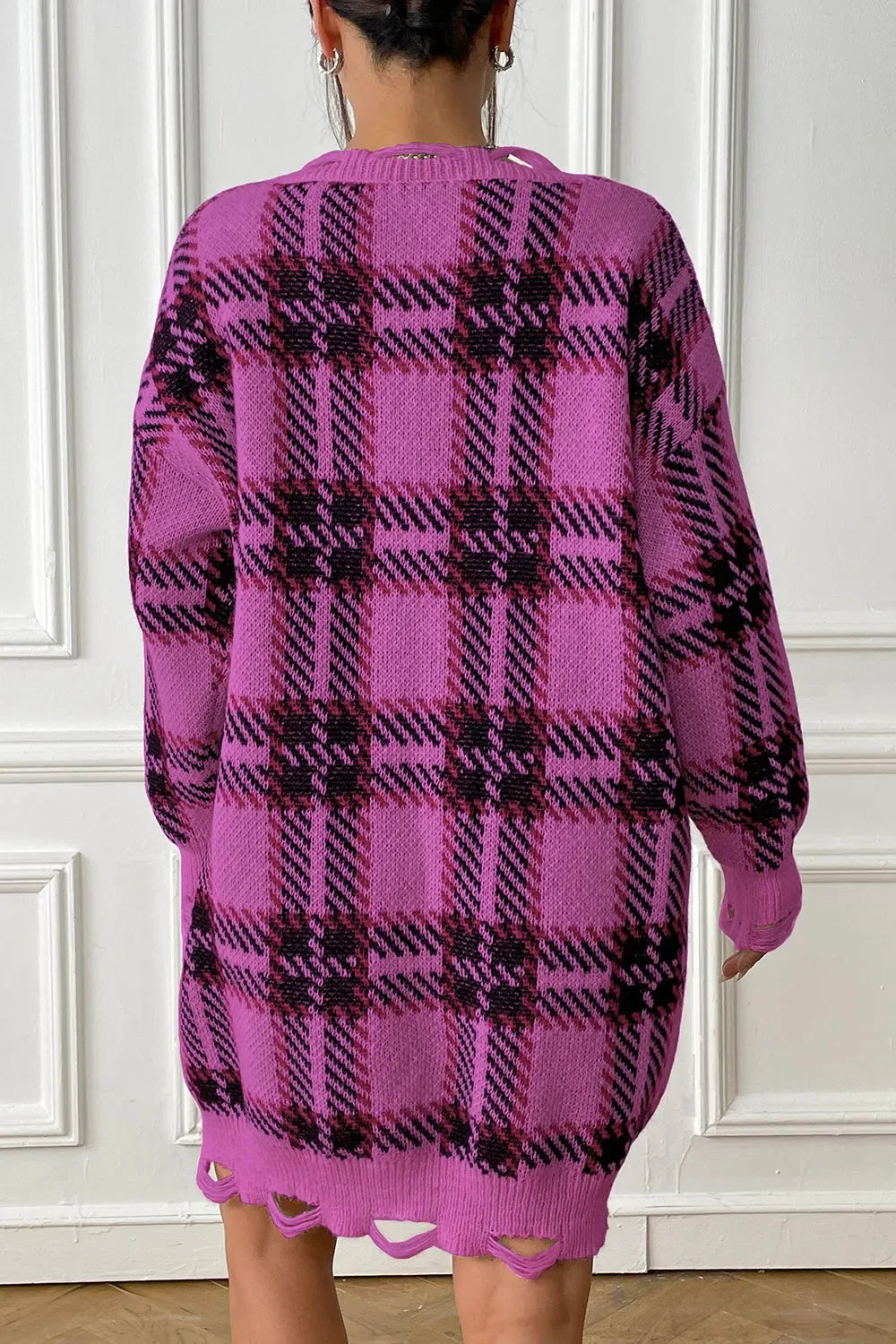 Plaid V-Neck Long Sleeve Sweater Dress - tif-shop24.de