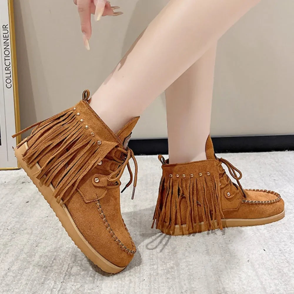 Fringe Studded Round Toe Canvas Boots - tif-shop24.de