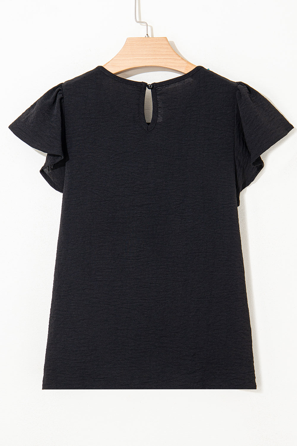 Black Flounce Sleeve Pleated Textured Blouse