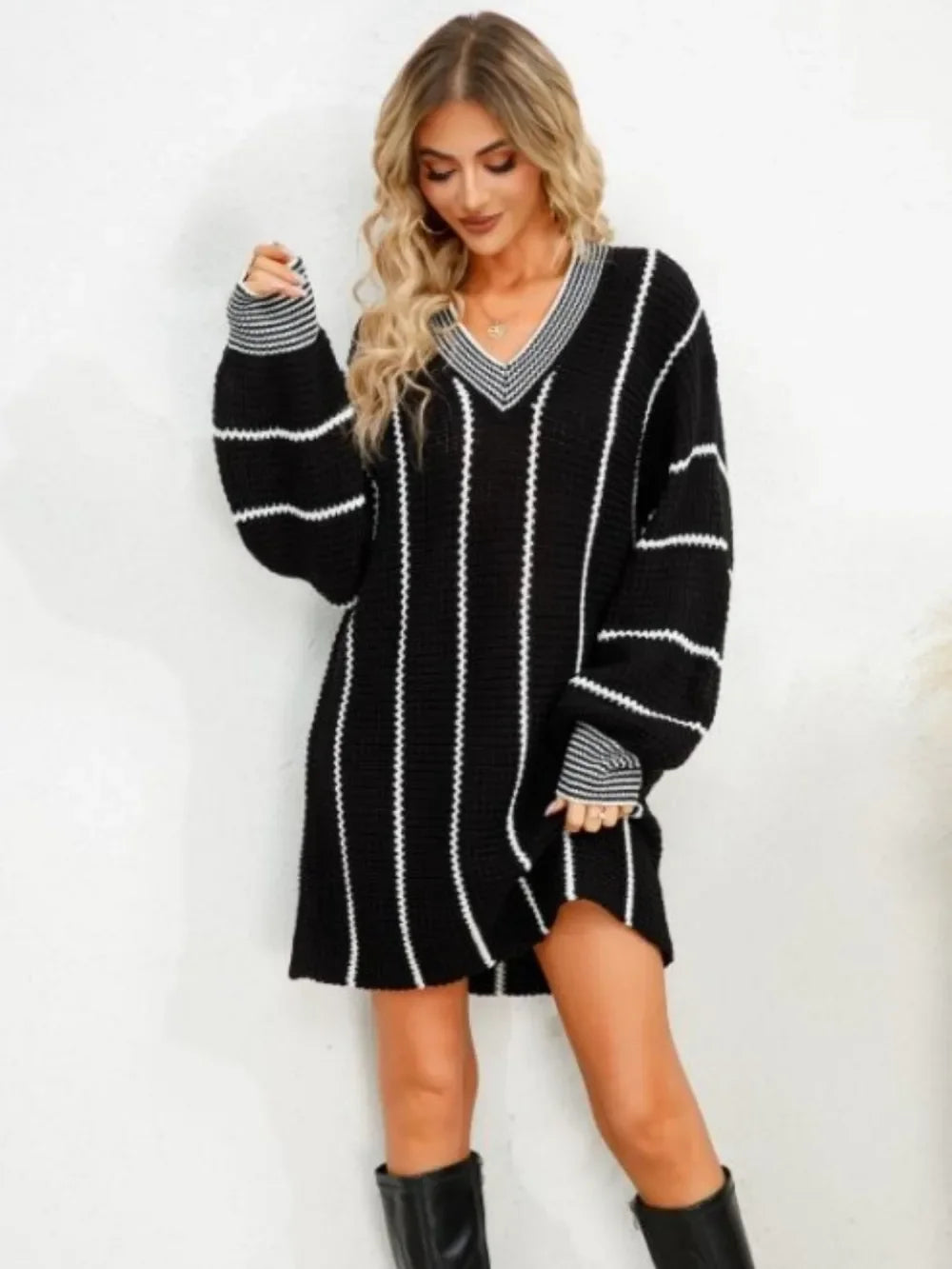 Striped V-Neck Long Sleeve Mini Dress - tif-shop24.de