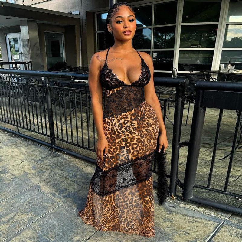 Foreign Trade New Women's Leopard Print Spliced Lace Deep V Neck Strap Mermaid Long Dress