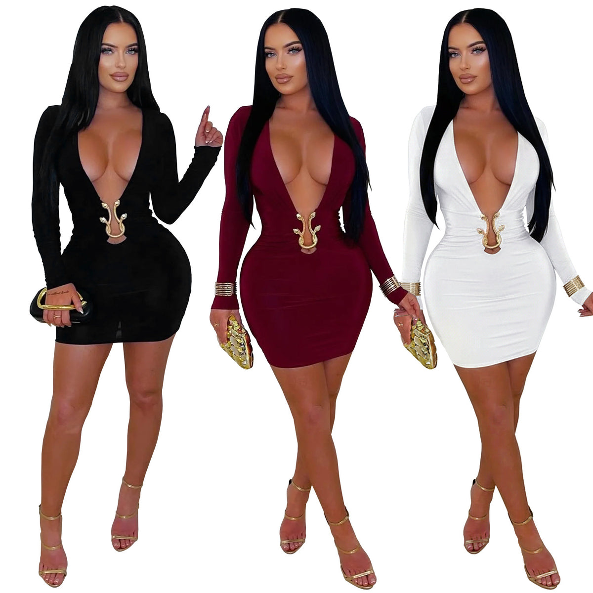 Fashionable Women's Sexy Deep V-Neck Bodycon Dress with Snake Pattern Accessories