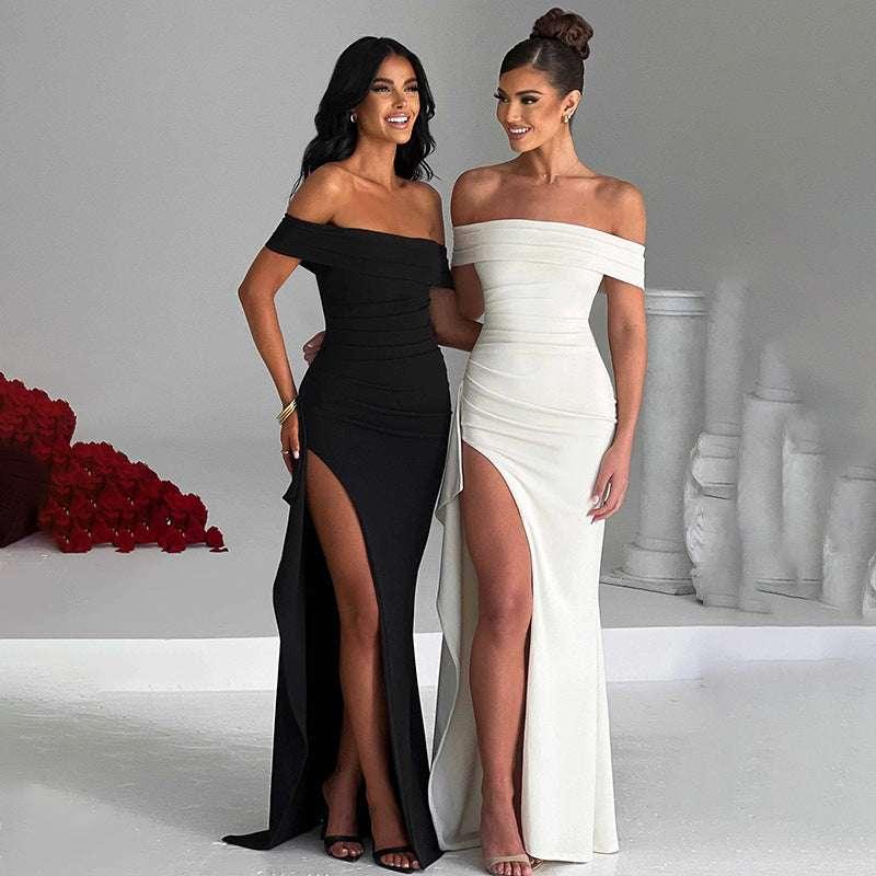 One shoulder slit elegant slim fit dress for women long skirt - tif-shop24.de