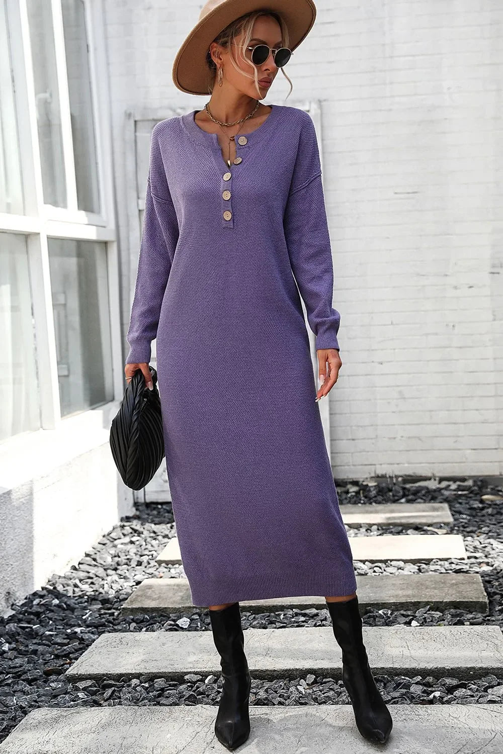 Decorative Button Notched Dropped Shoulder Sweater Dress - tif-shop24.de