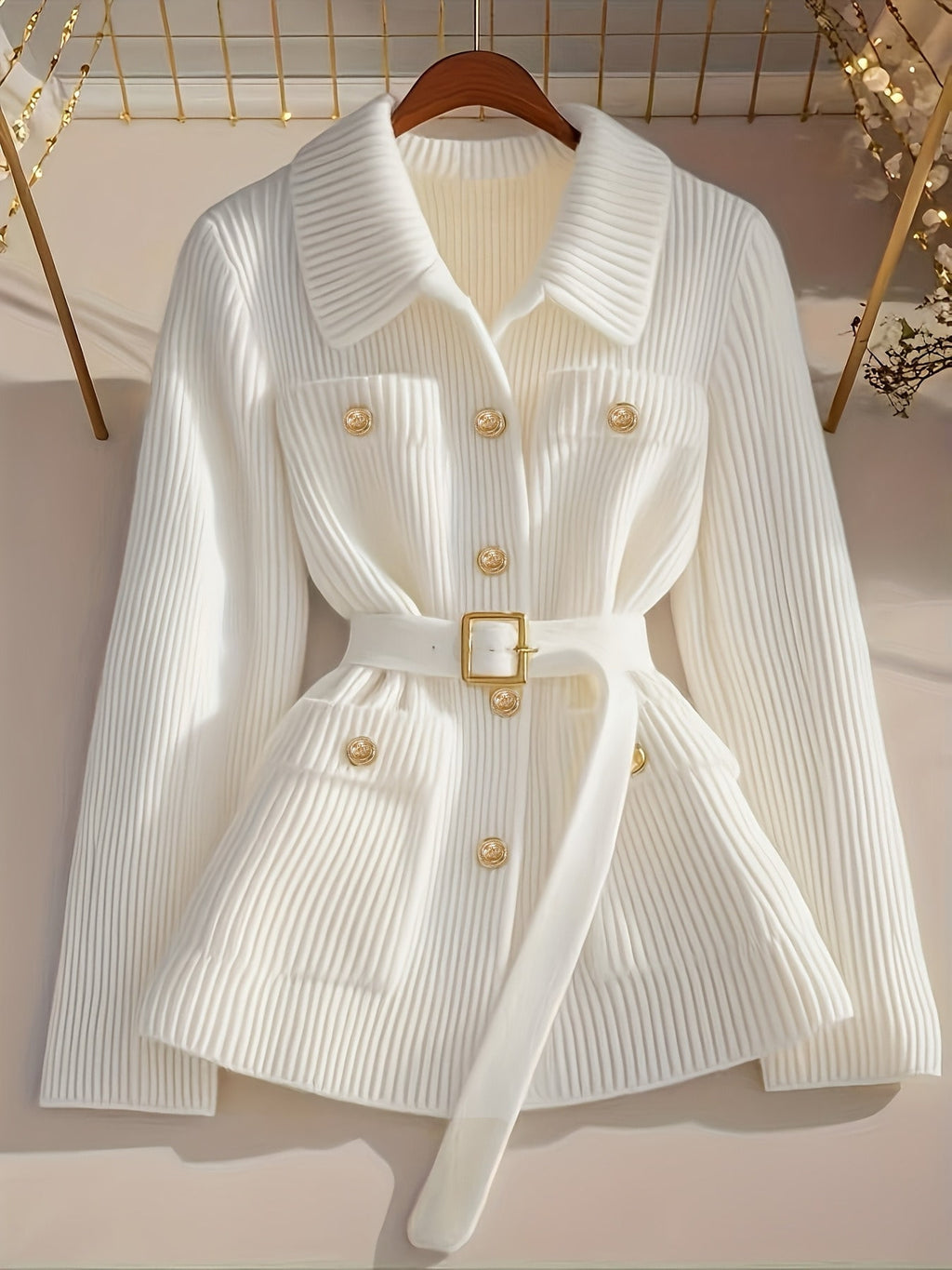 Elegant Casual Solid Color Knit Cardigan with Belt Thickened Women's Sweater Coat