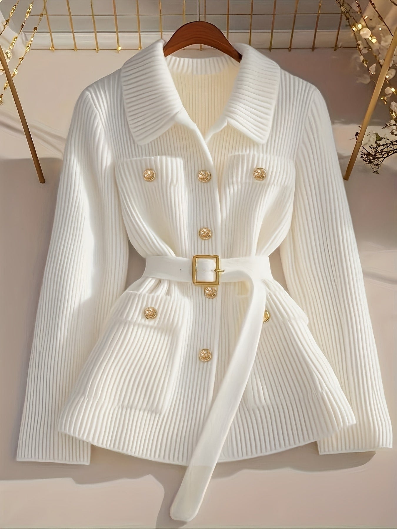 Elegant Casual Solid Color Knit Cardigan with Belt Thickened Women's Sweater Coat