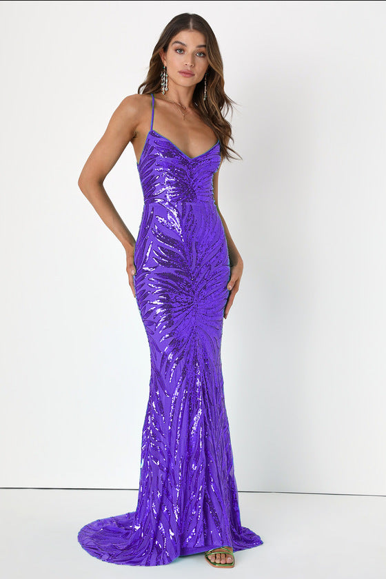 Women's Party Sequined Sexy Dress in stunning purple with a fitted silhouette and shimmering sequins for elegant events.