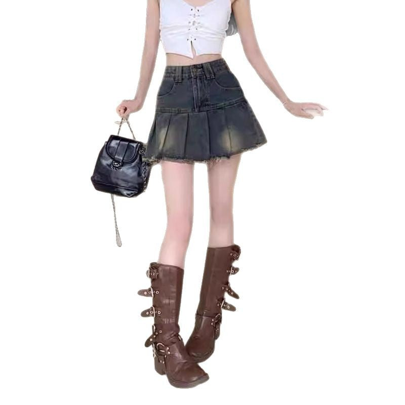 Retro Pleated Denim Skirt for Women, High-Waisted A-Line Short BodyconAnti-Slip Design