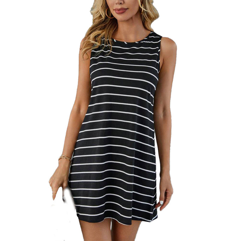 Stylish Stripe Dress Casual Home Mid-Length A-Line Dress Loose Round Neck Breathable Sleeveless Dress