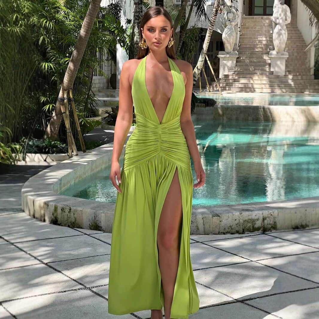 Slimming V-neck Hot Girl Solid Color Hanging Neck Split Dress - tif-shop24.de