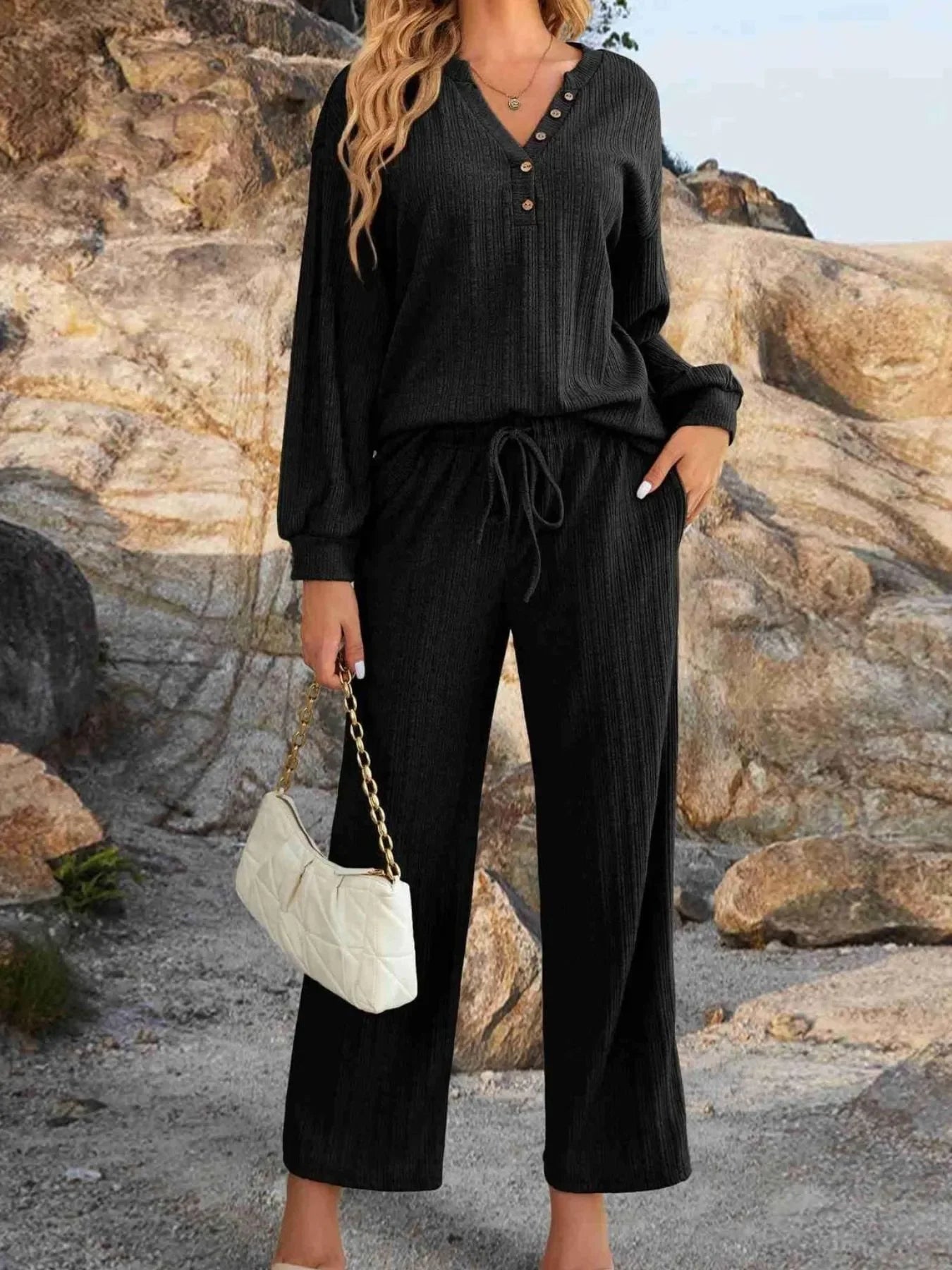 Ribbed Knit Top and Pants Lounge Set with Button Detail - tif-shop24.de