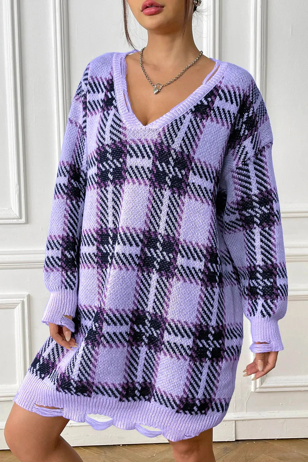 Plaid V-Neck Long Sleeve Sweater Dress - tif-shop24.de