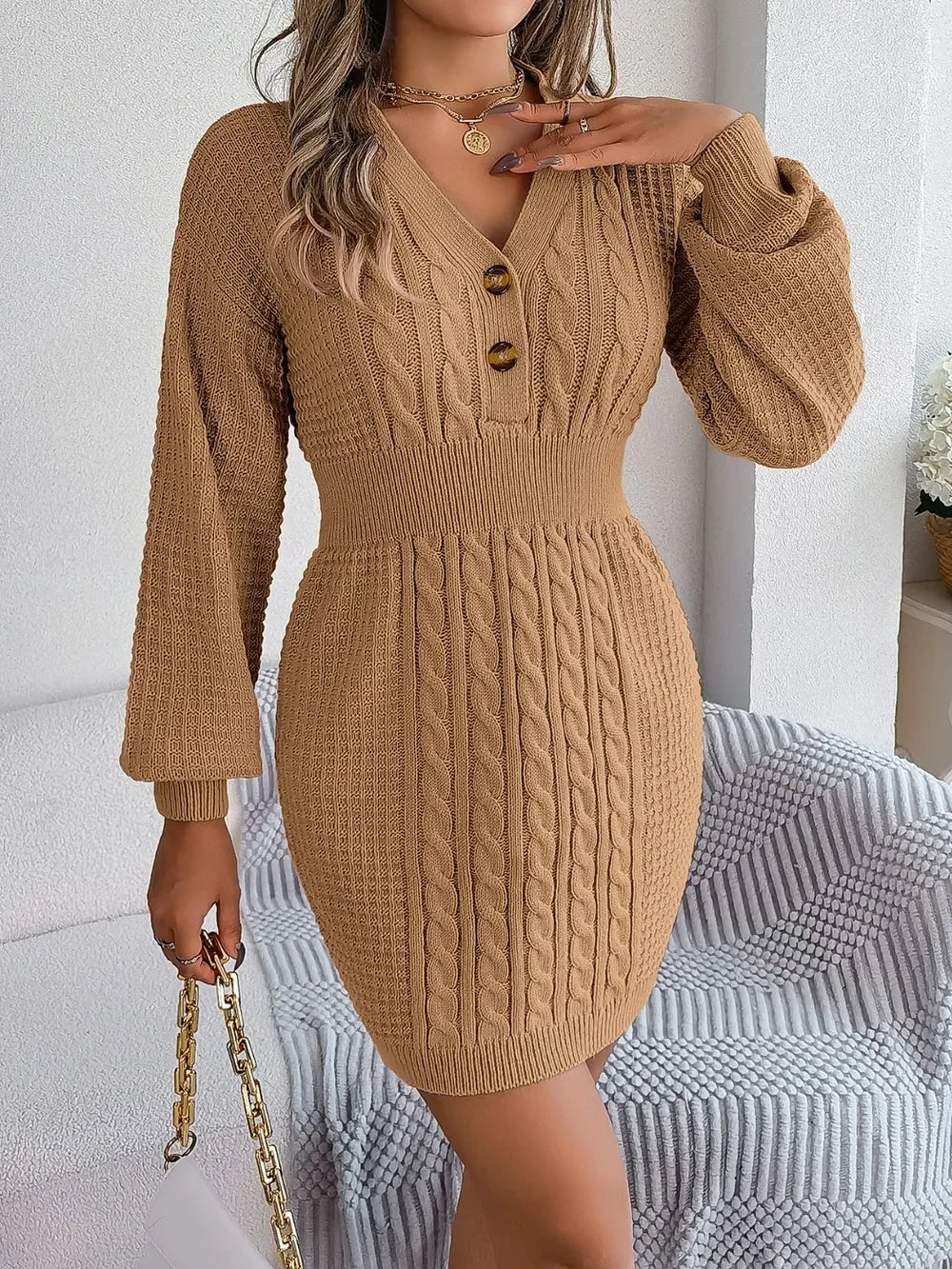 Buttoned Cable-Knit V-Neck Sweater Dress - tif-shop24.de