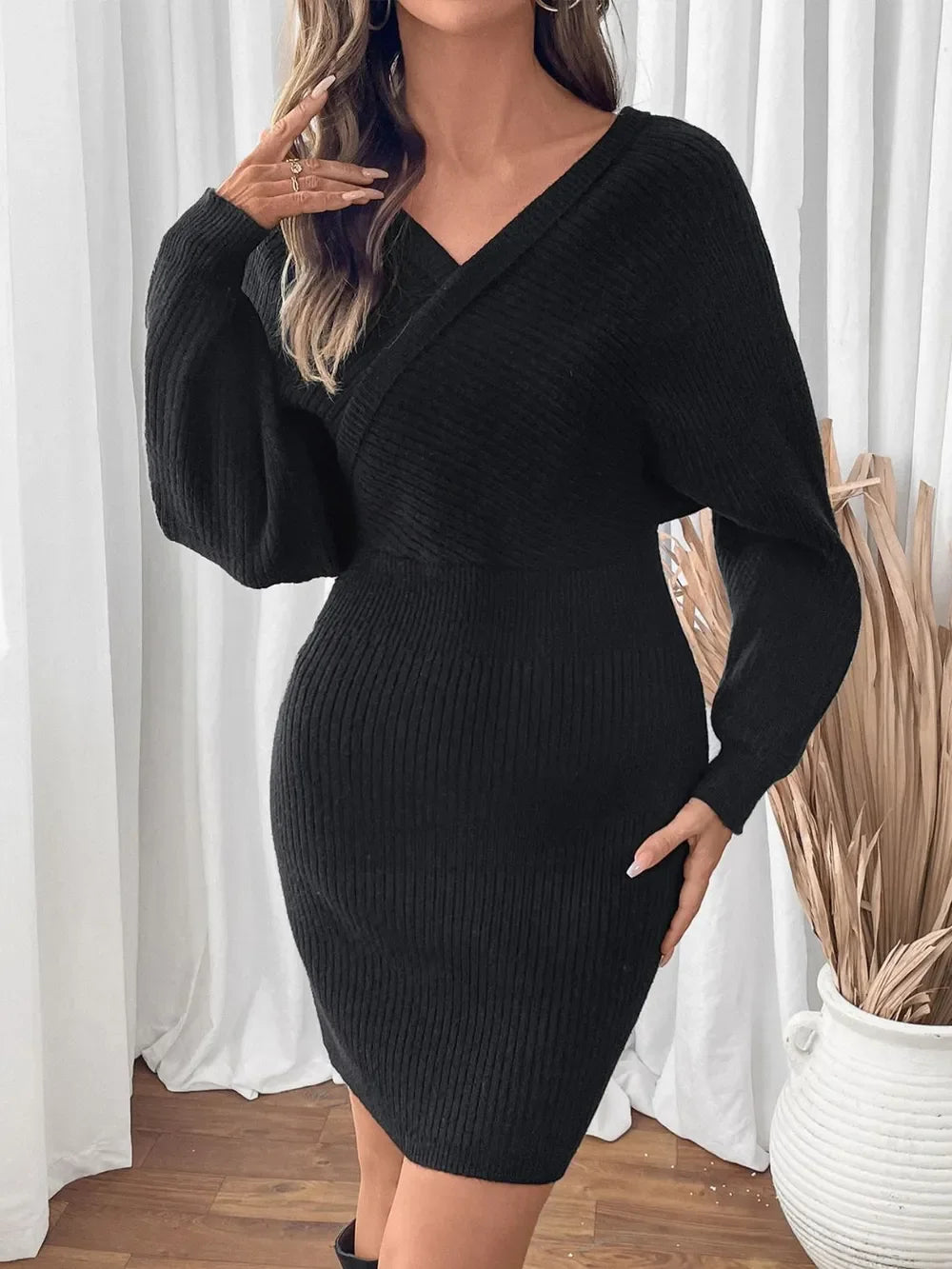 Perfee Surplice Long Sleeve Sweater Dress - tif-shop24.de