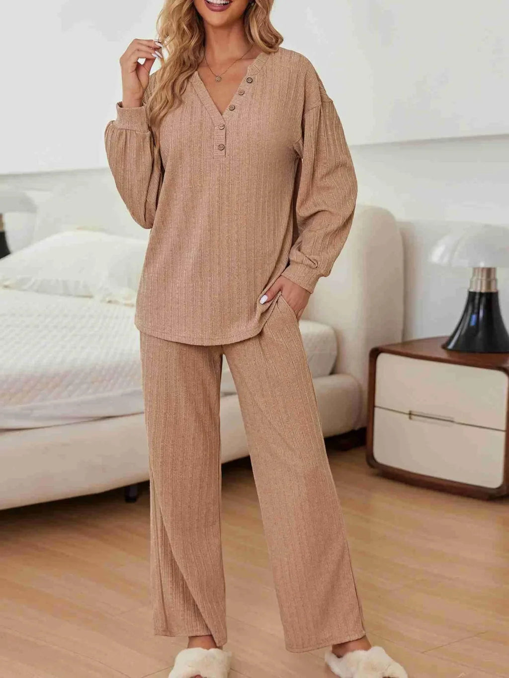 Ribbed Knit Top and Pants Lounge Set with Button Detail - tif-shop24.de
