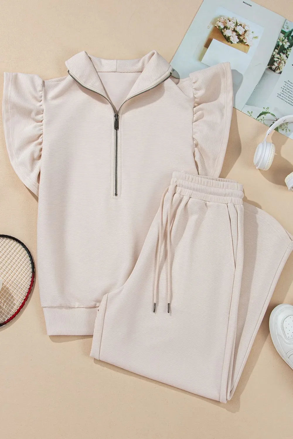 Textured Ruffled Sleeve Zipped Top and Wide Leg Pants Set - tif-shop24.de