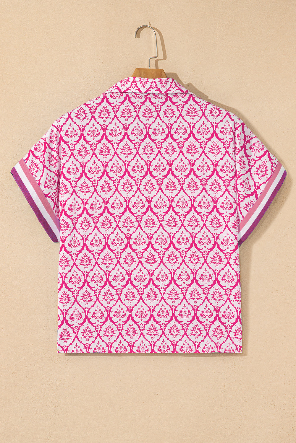 Pink Colorblock Striped Collar Bohemian Print Blouse