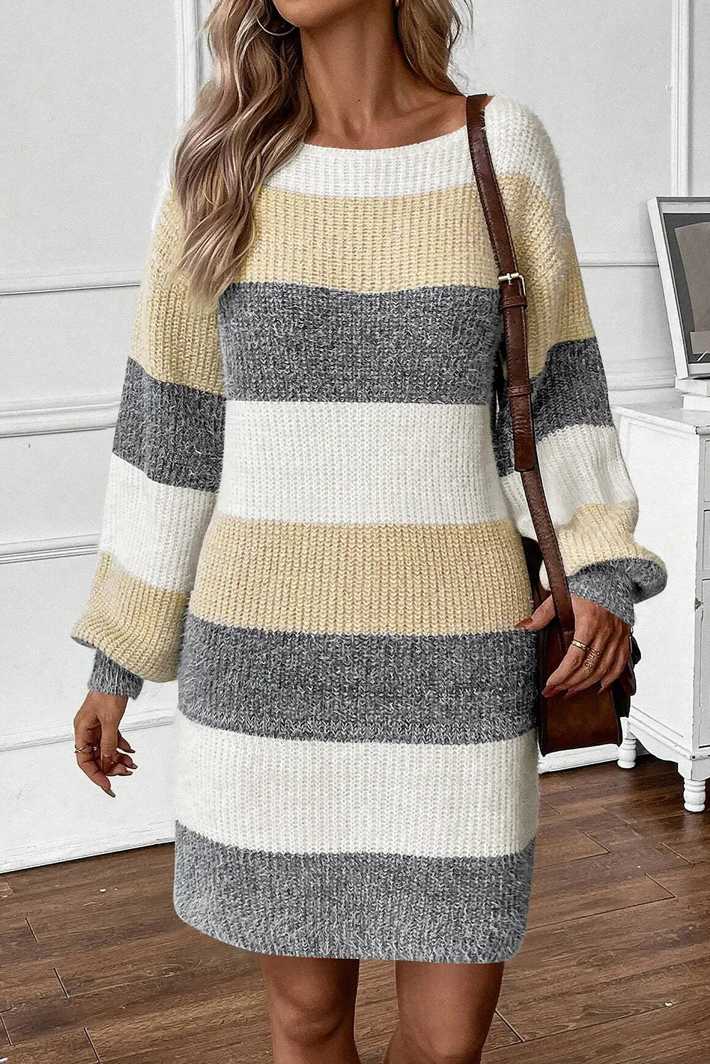 Color Block Boat Neck Long Sleeve Sweater Dress - tif-shop24.de