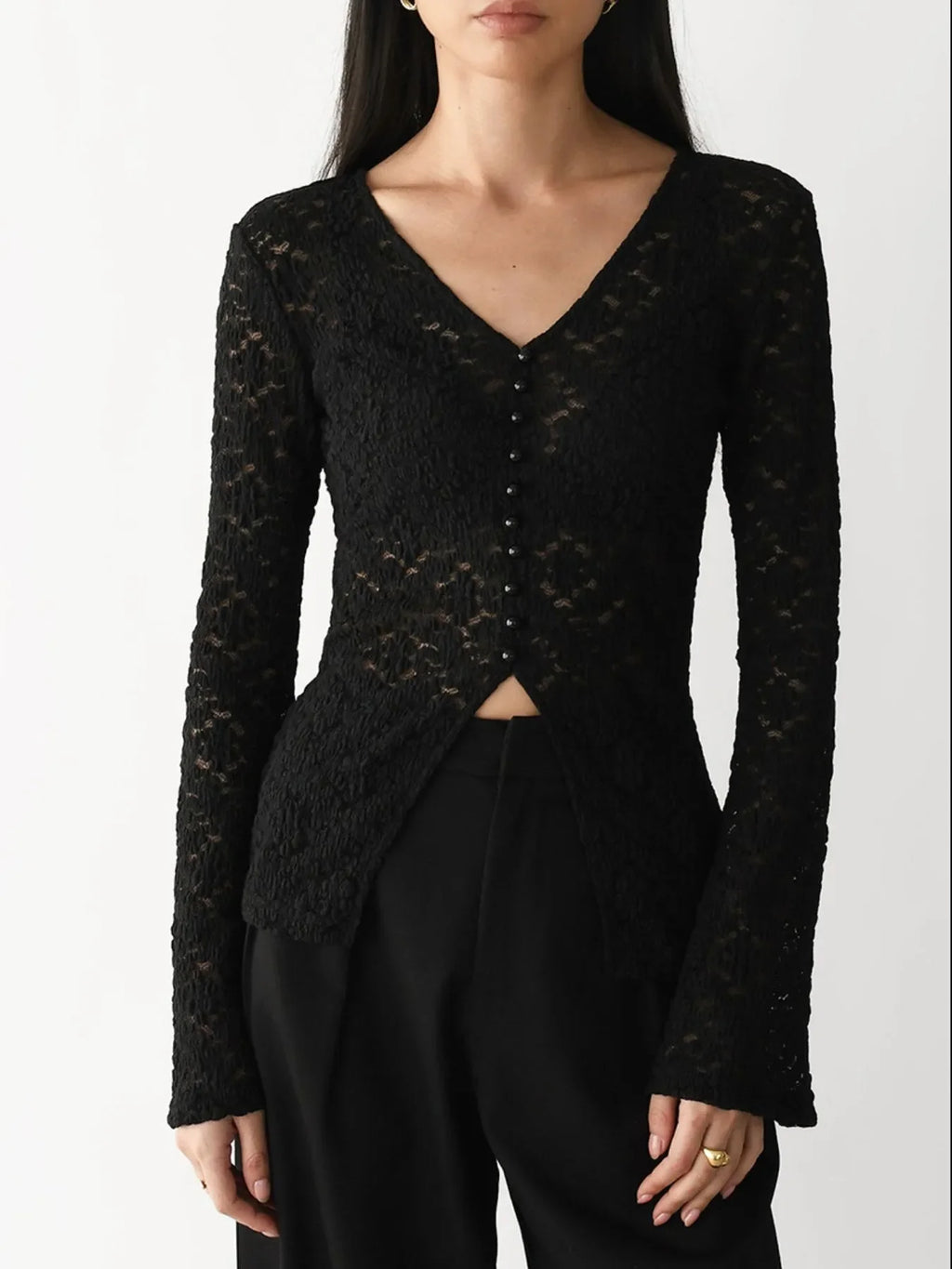 Lace V-Neck Flare Sleeve T-Shirt - tif-shop24.de